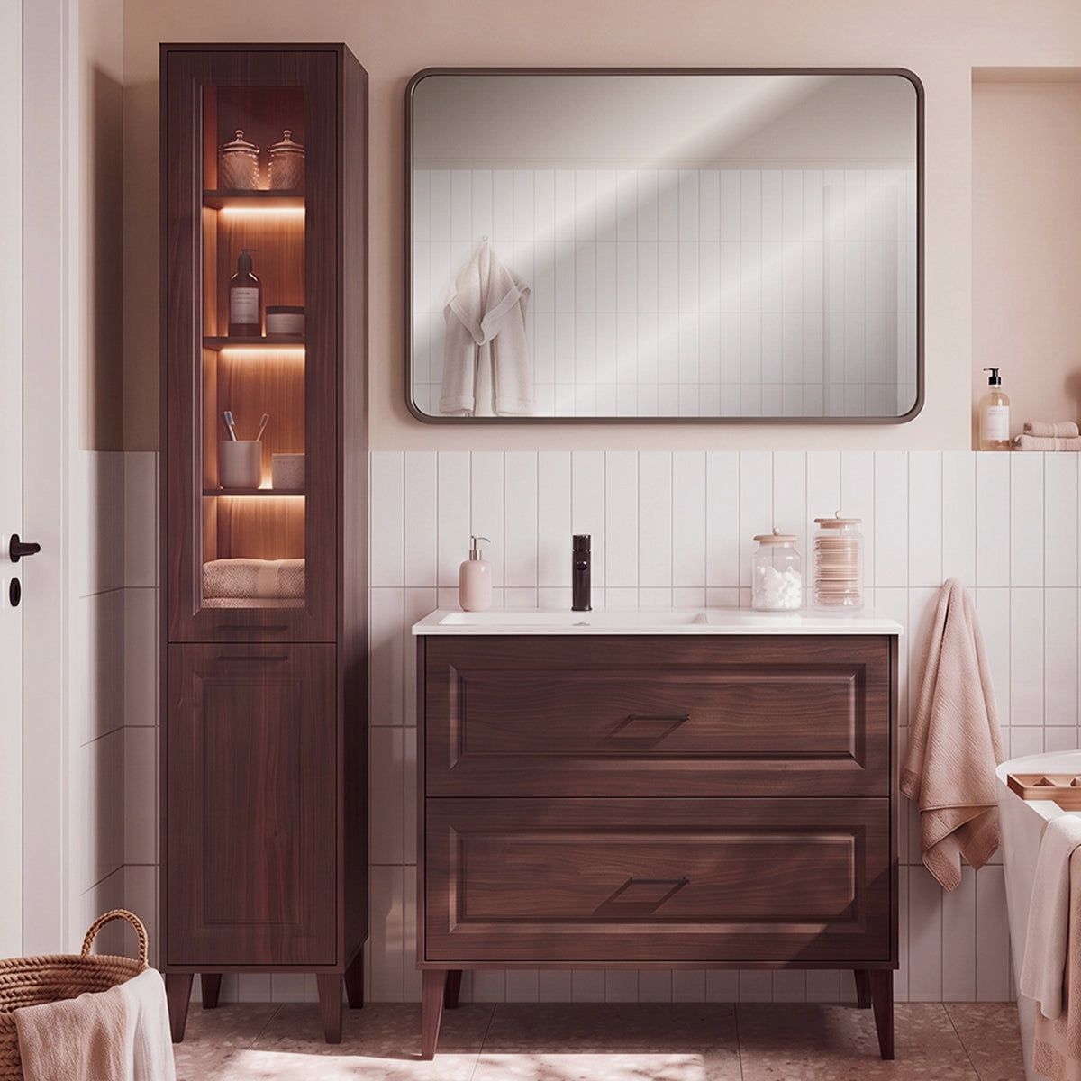 Ensemble meuble simple vasque encastrée gauche 100cm et colonne Moka Bois foncé