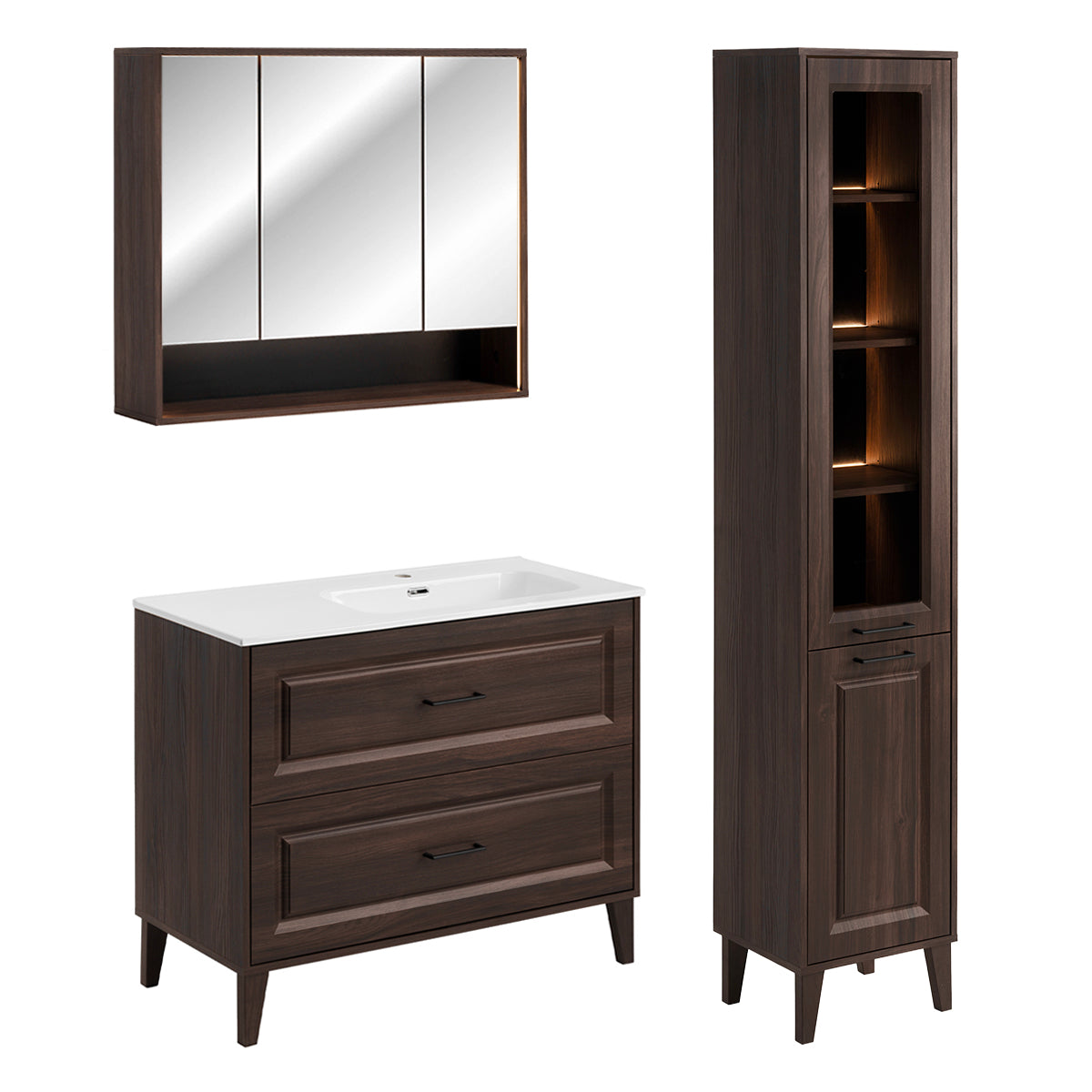 Ensemble meuble simple vasque encastrée 100cm colonne et armoire miroir Moka Bois foncé - vue 2