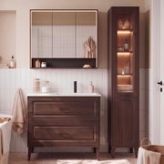 Ensemble meuble simple vasque encastrée 100cm colonne et armoire miroir Moka Bois foncé