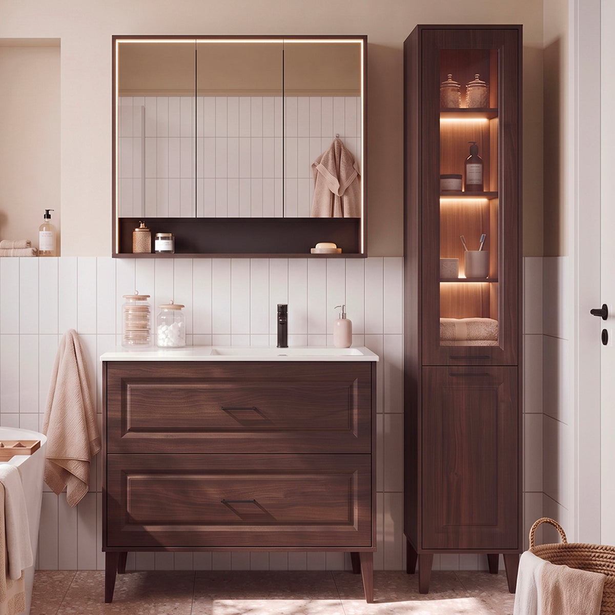 Ensemble meuble simple vasque encastrée 100cm colonne et armoire miroir Moka Bois foncé