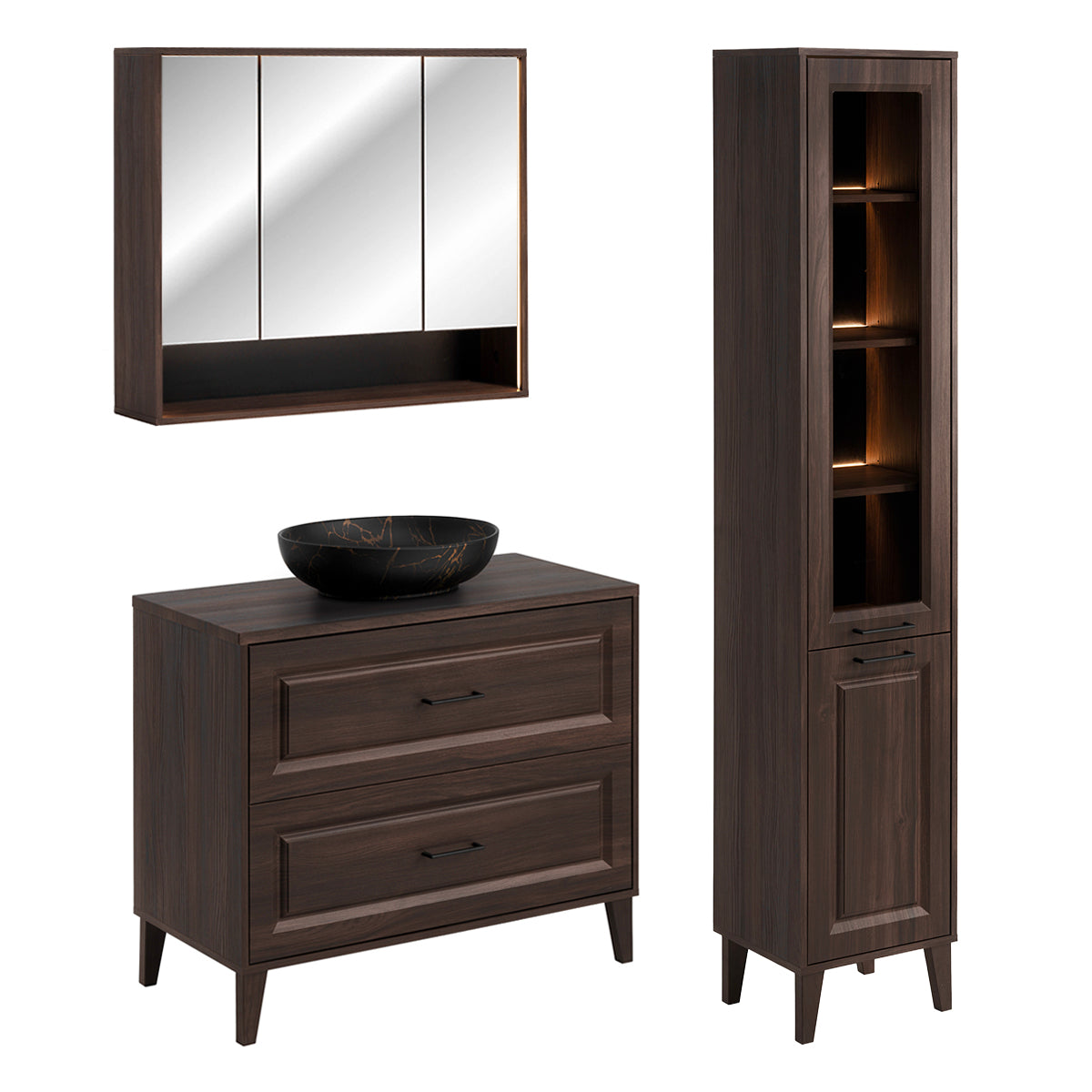 Ensemble meuble simple vasque 100cm colonne et armoire miroir Moka Bois foncé - vue 2