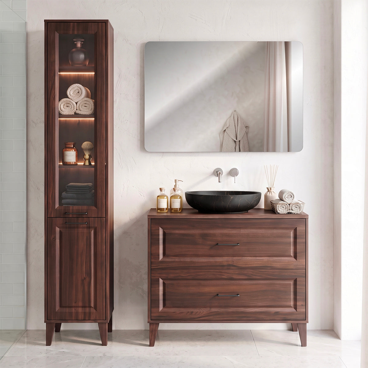 Ensemble meuble simple vasque 100cm et colonne Moka Bois foncé