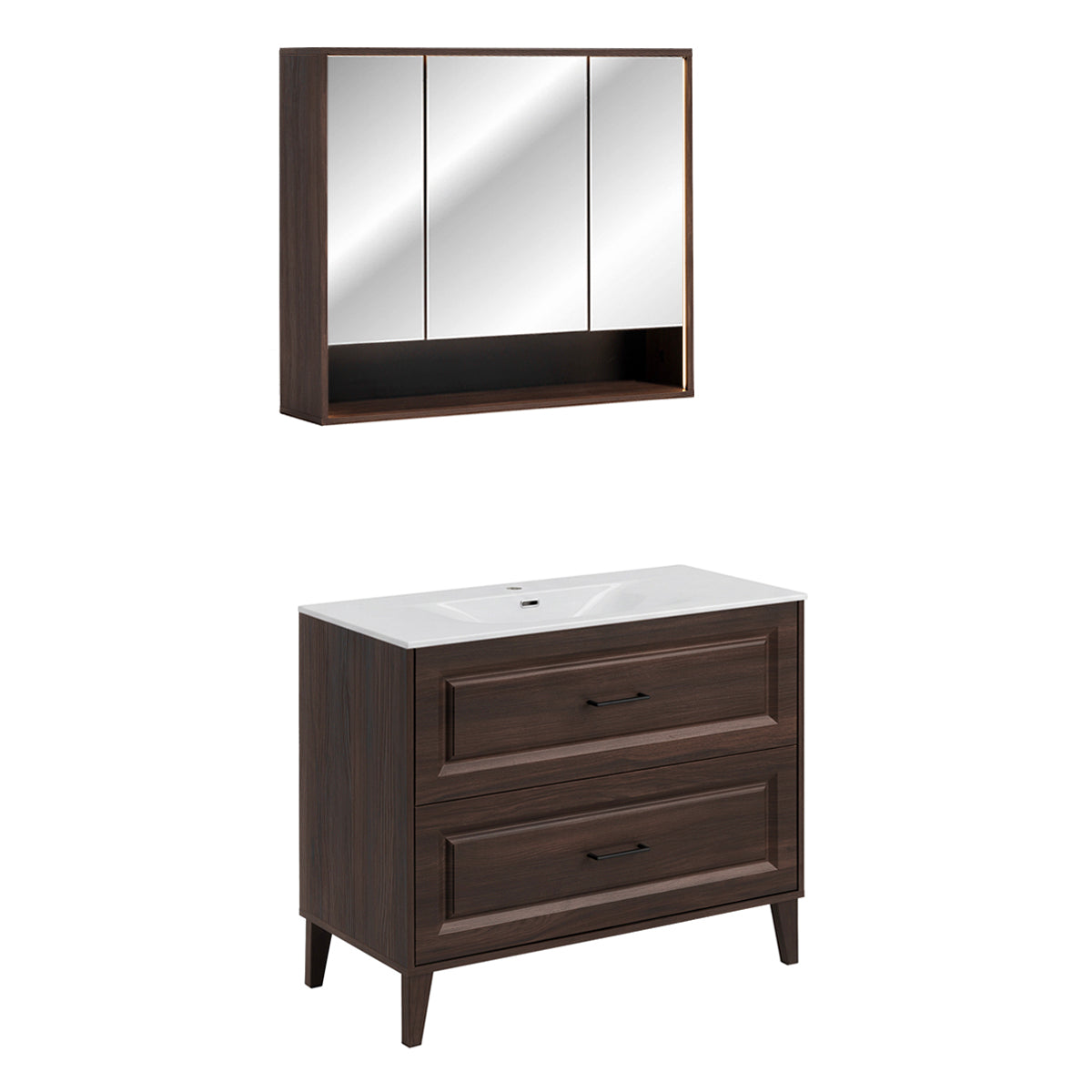 Ensemble meuble simple vasque encastrée 100cm et armoire miroir Moka Bois foncé - vue 2