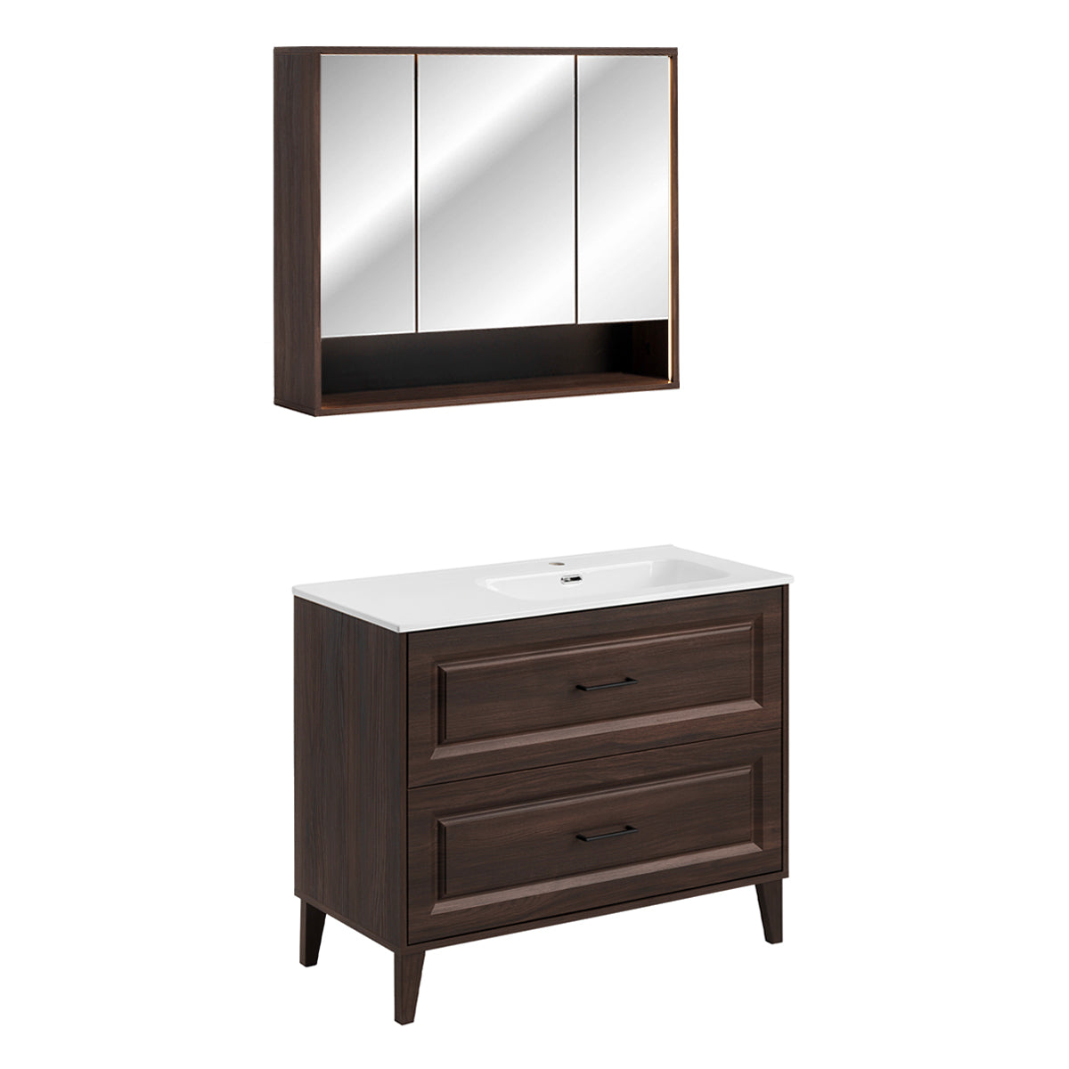 Ensemble meuble simple vasque encastrée droite 100cm et armoire miroir Moka Bois foncé - vue 2