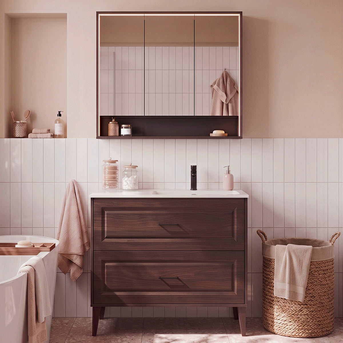 Ensemble meuble simple vasque encastrée droite 100cm et armoire miroir Moka Bois foncé
