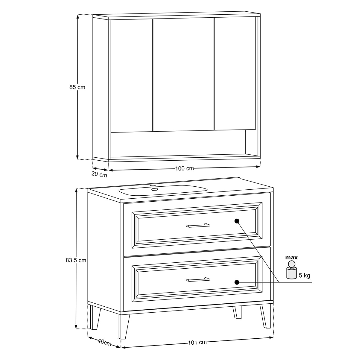 Ensemble meuble simple vasque encastrée droite 100cm et armoire miroir Moka Bois foncé - vue 12