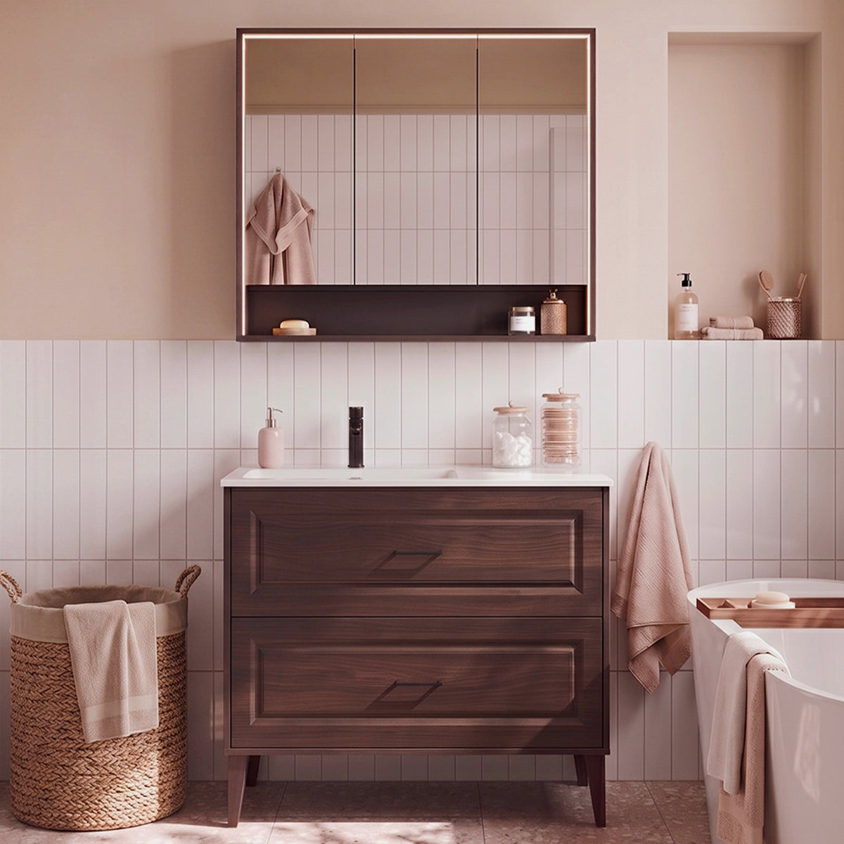 Ensemble meuble simple vasque encastrée gauche 100cm et armoire miroir Moka Bois foncé