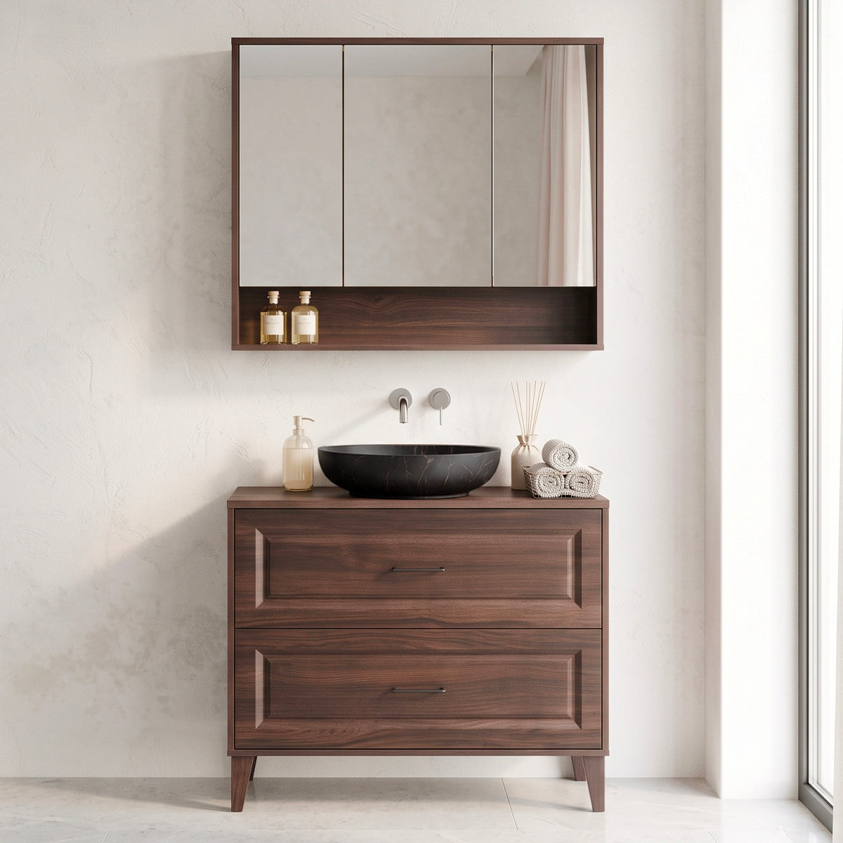 Ensemble meuble simple vasque 100cm et armoire miroir Moka Bois foncé