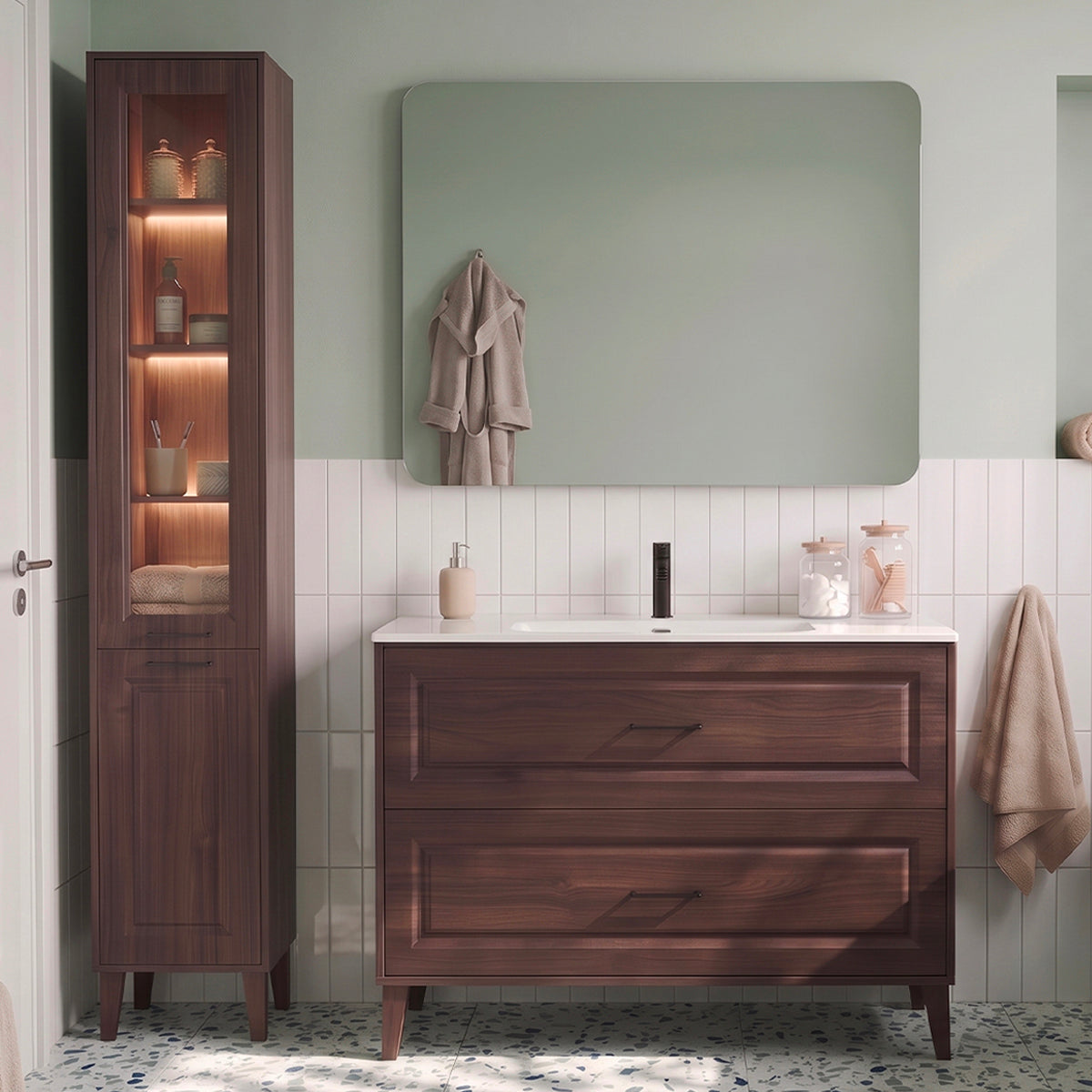 Ensemble meuble simple vasque encastrée 120cm et colonne Moka Bois foncé