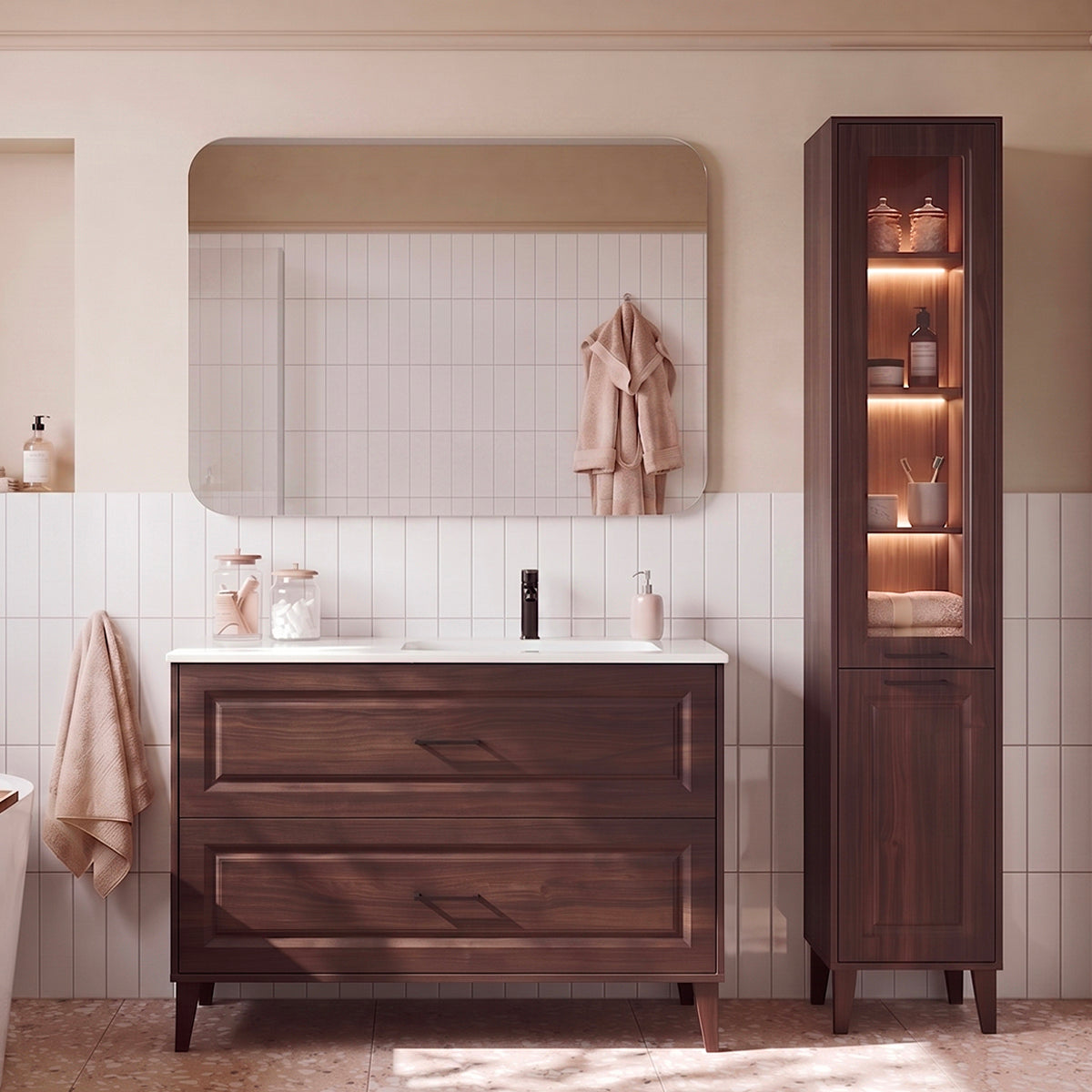 Ensemble meuble simple vasque encastrée droite 120cm et colonne Moka Bois foncé