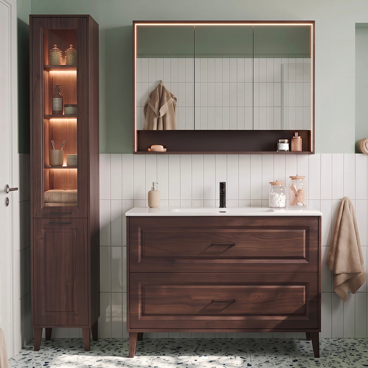 Ensemble meuble simple vasque encastrée 120cm colonne et armoire miroir Moka Bois foncé