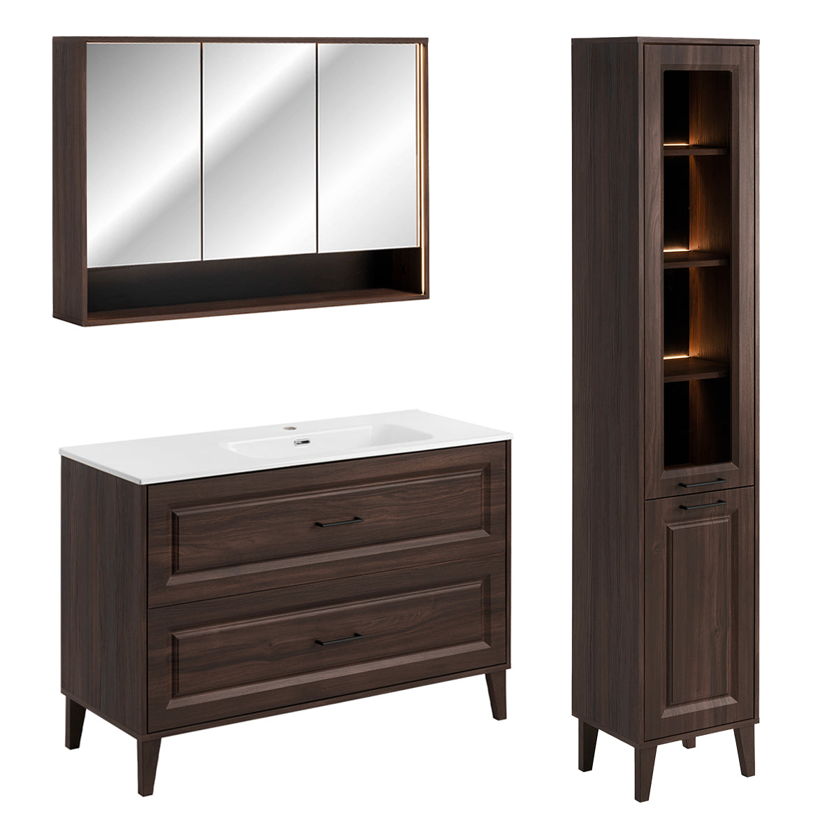 Ensemble meuble simple vasque encastrée droite 100cm colonne et armoire miroir Moka Bois foncé - vue 2