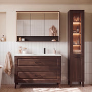 Ensemble meuble simple vasque encastrée droite 100cm colonne et armoire miroir Moka Bois foncé