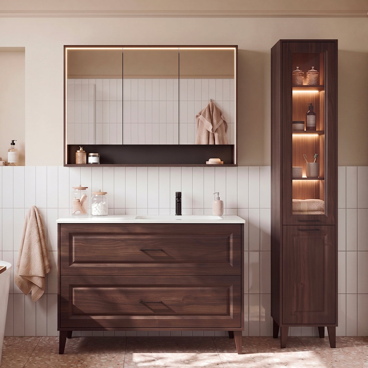 Ensemble meuble simple vasque encastrée droite 100cm colonne et armoire miroir Moka Bois foncé