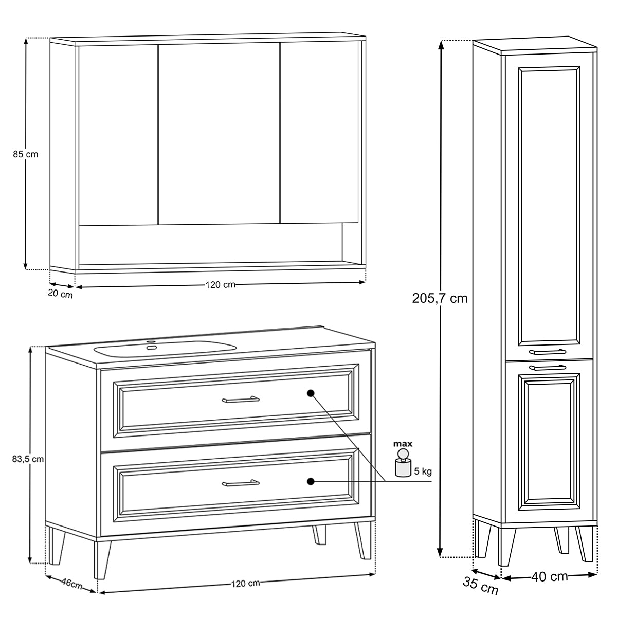 Ensemble meuble simple vasque encastrée droite 120cm colonne et armoire miroir Moka Bois foncé - vue 13