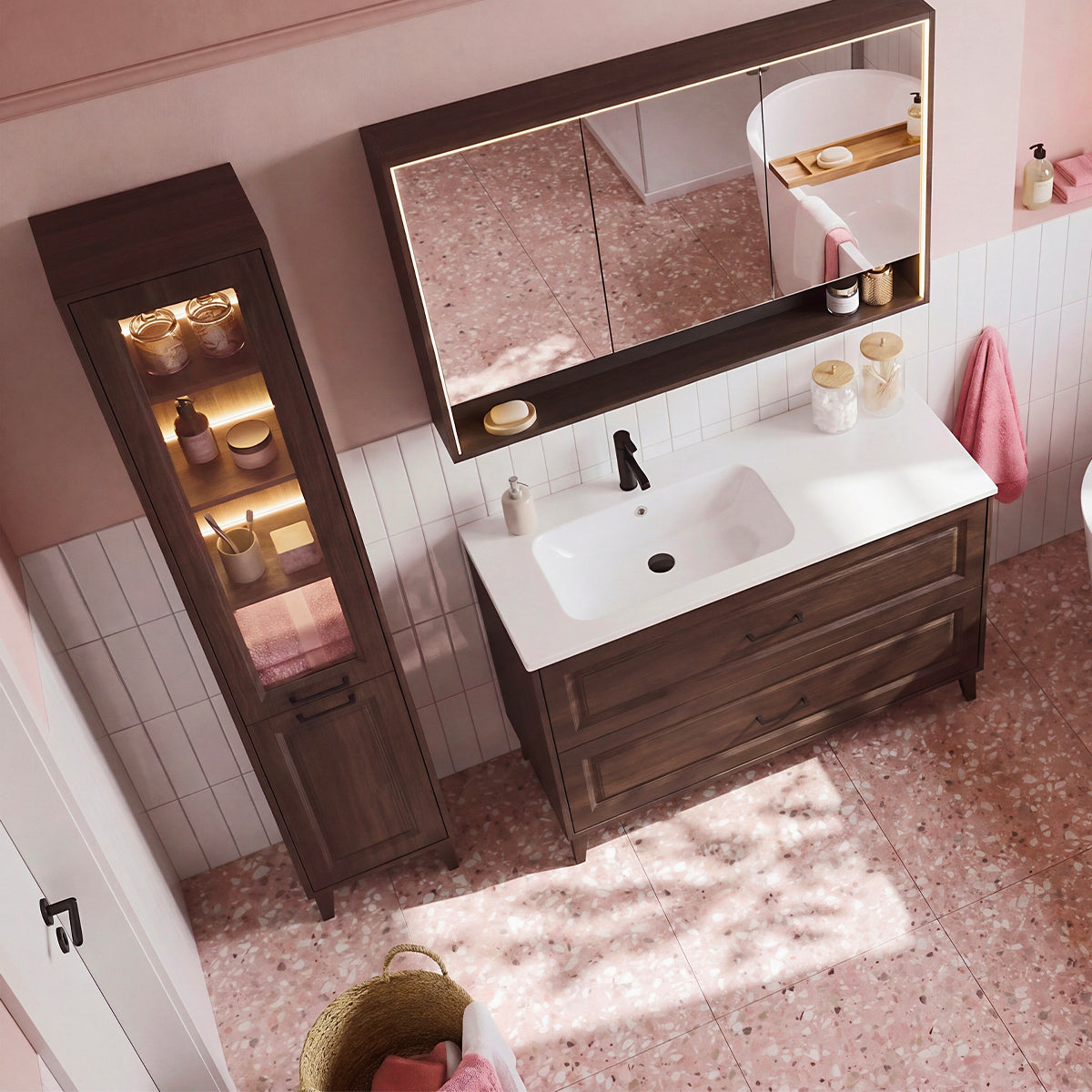 Ensemble meuble simple vasque encastrée gauche 120cm colonne et armoire miroir Moka Bois foncé - vue 3