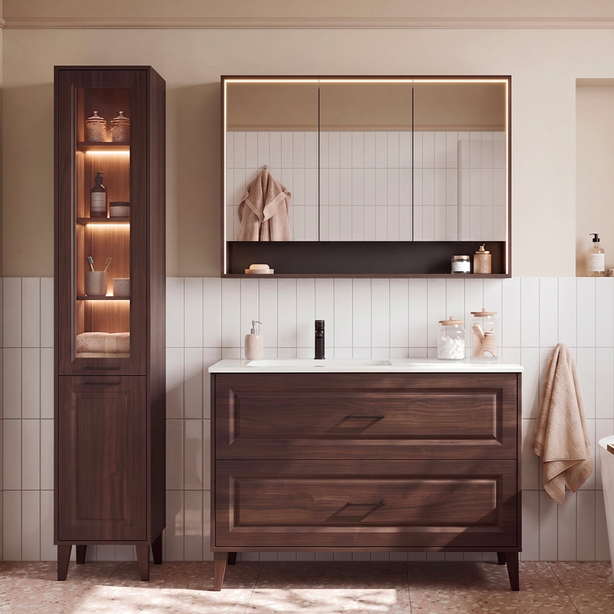 Ensemble meuble simple vasque encastrée gauche 120cm colonne et armoire miroir Moka Bois foncé