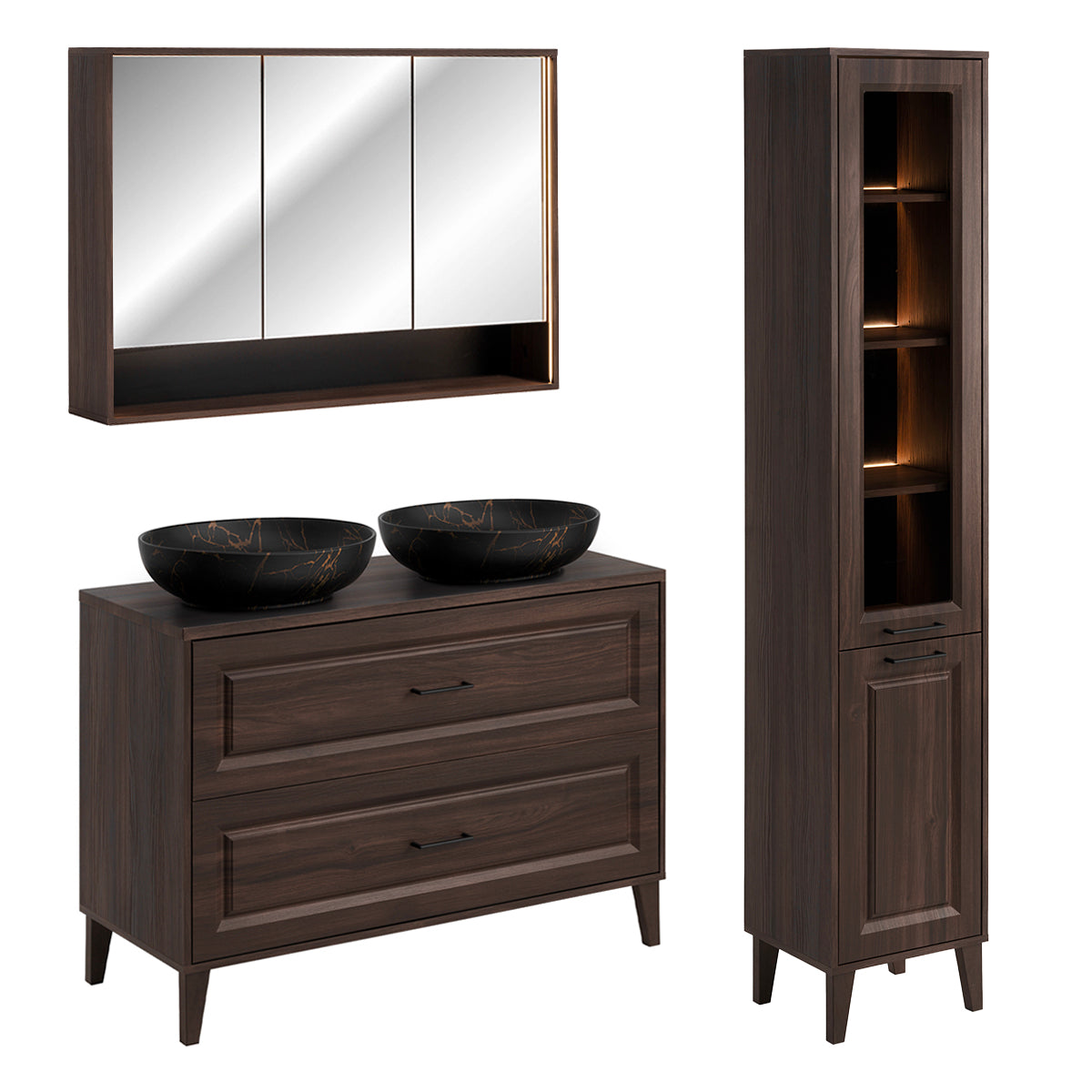 Ensemble meuble double vasque 120cm colonne et armoire miroir Moka Bois foncé - vue 2