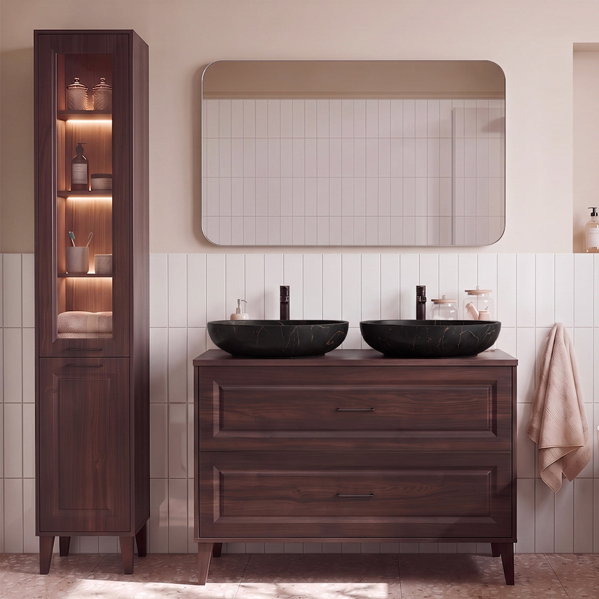Ensemble meuble double vasque 120cm et colonne Moka Bois foncé