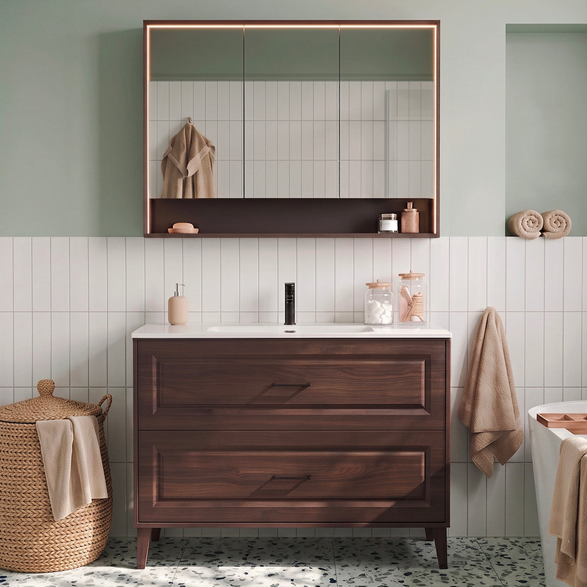 Ensemble meuble simple vasque encastrée 120cm et armoire miroir Moka Bois foncé