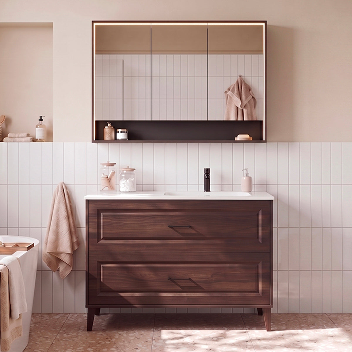 Ensemble meuble simple vasque encastrée droite 120cm et armoire miroir Moka Bois foncé