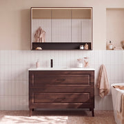 Ensemble meuble simple vasque encastrée gauche 120cm et armoire miroir Moka Bois foncé