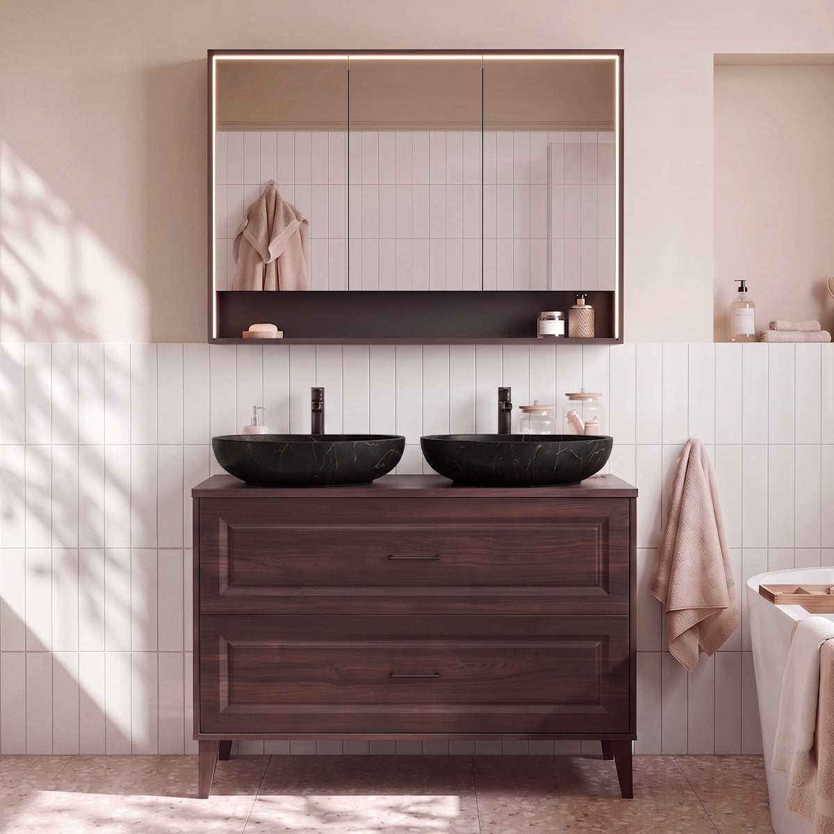 Ensemble meuble double vasque 120cm et armoire miroir Moka Bois foncé