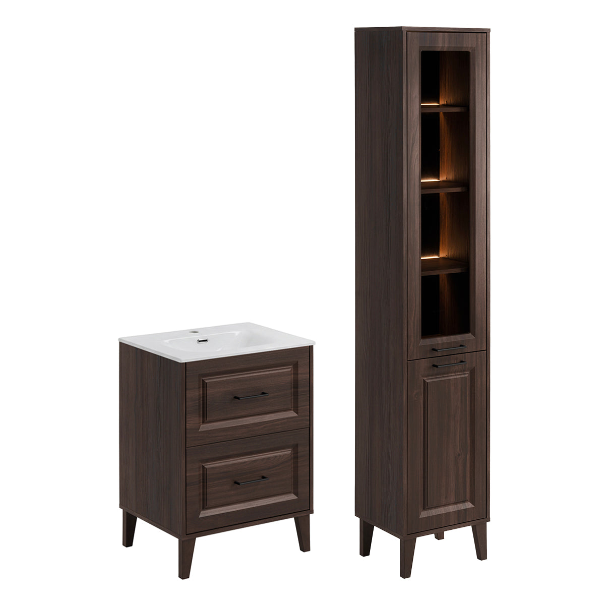 Ensemble meuble simple vasque encastrée 60cm et colonne Moka Bois foncé - vue 2