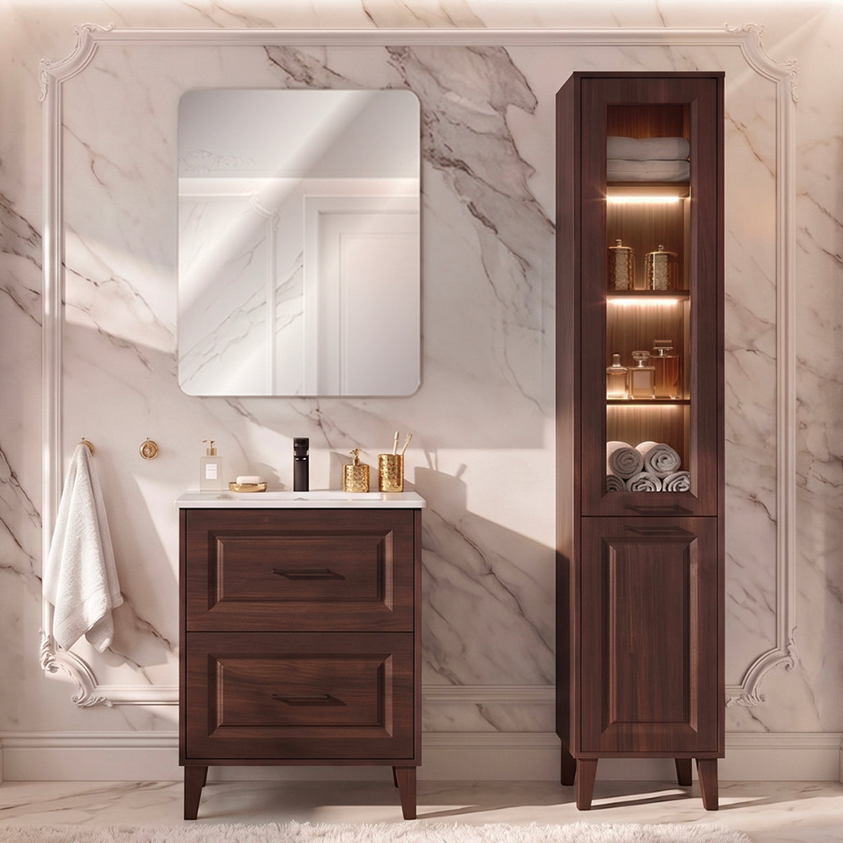 Ensemble meuble simple vasque encastrée 60cm et colonne Moka Bois foncé
