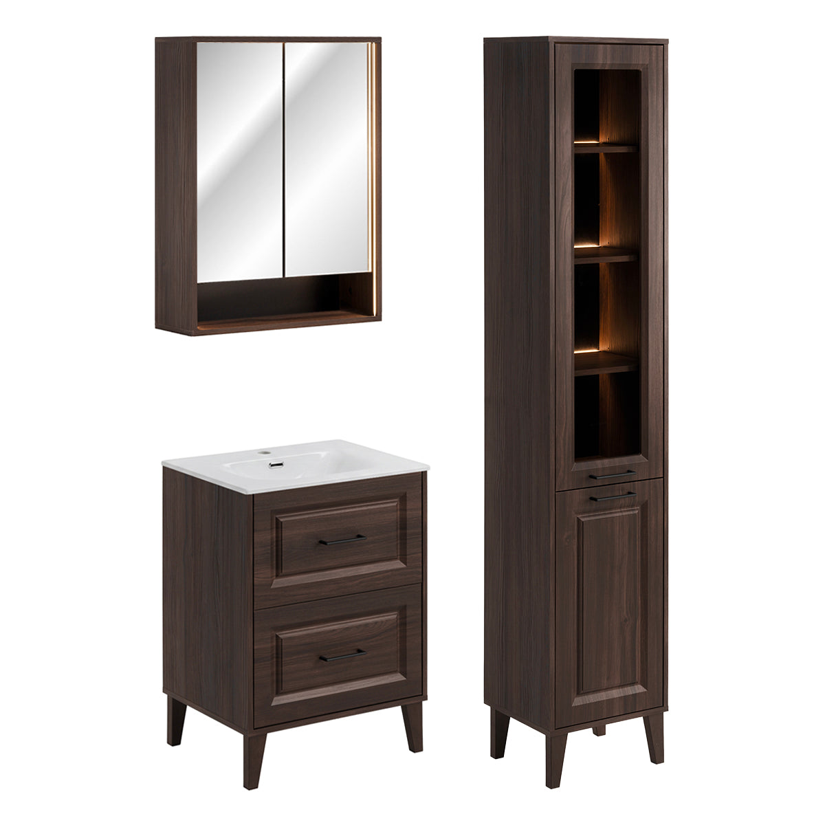 Ensemble meuble simple vasque encastrée 60cm colonne et armoire miroir Moka Bois foncé - vue 2