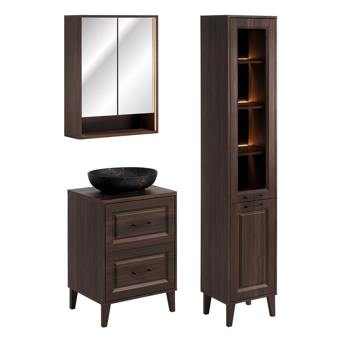 Ensemble meuble simple vasque 60cm colonne et armoire miroir Moka Bois foncé - vue 2