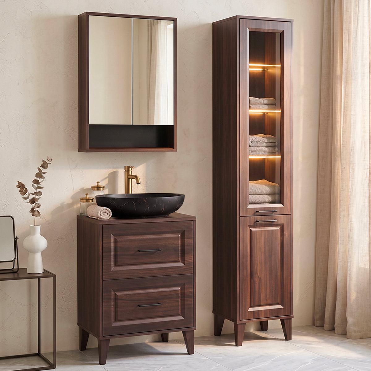 Ensemble meuble simple vasque 60cm colonne et armoire miroir Moka Bois foncé