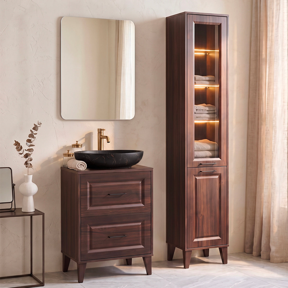 Ensemble meuble simple vasque 60cm et colonne Moka Bois foncé