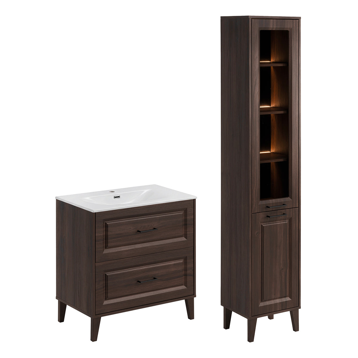 Ensemble meuble simple vasque encastrée 80cm et colonne Moka Bois foncé - vue 2