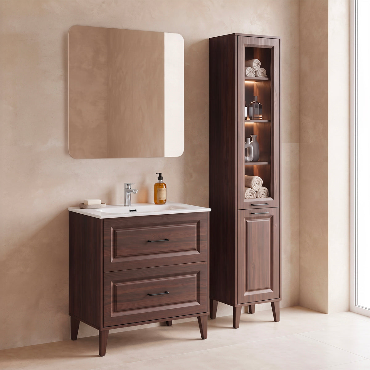 Ensemble meuble simple vasque encastrée 80cm et colonne Moka Bois foncé