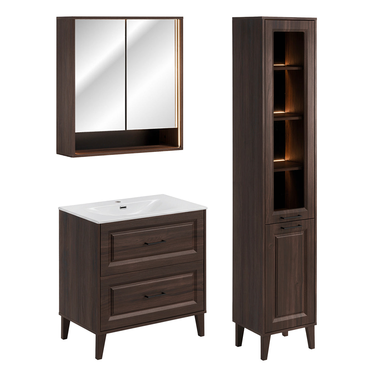 Ensemble meuble simple vasque encastrée 80cm colonne et armoire miroir Moka Bois foncé - vue 2