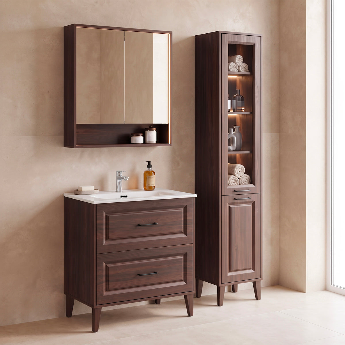 Ensemble meuble simple vasque encastrée 80cm colonne et armoire miroir Moka Bois foncé