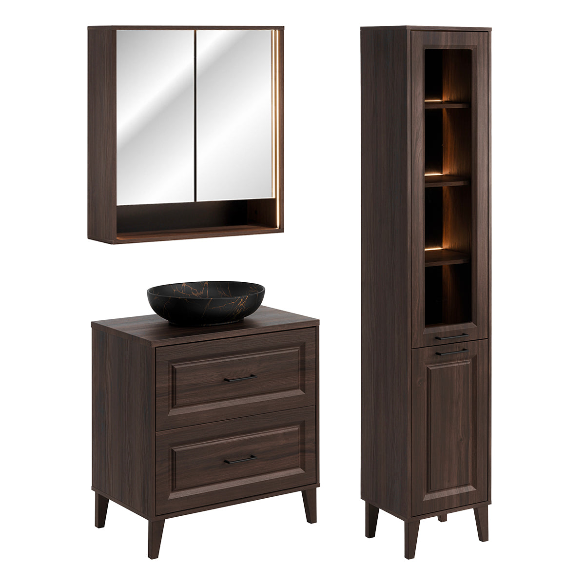 Ensemble meuble simple vasque 80cm colonne et armoire miroir Moka Bois foncé - vue 2