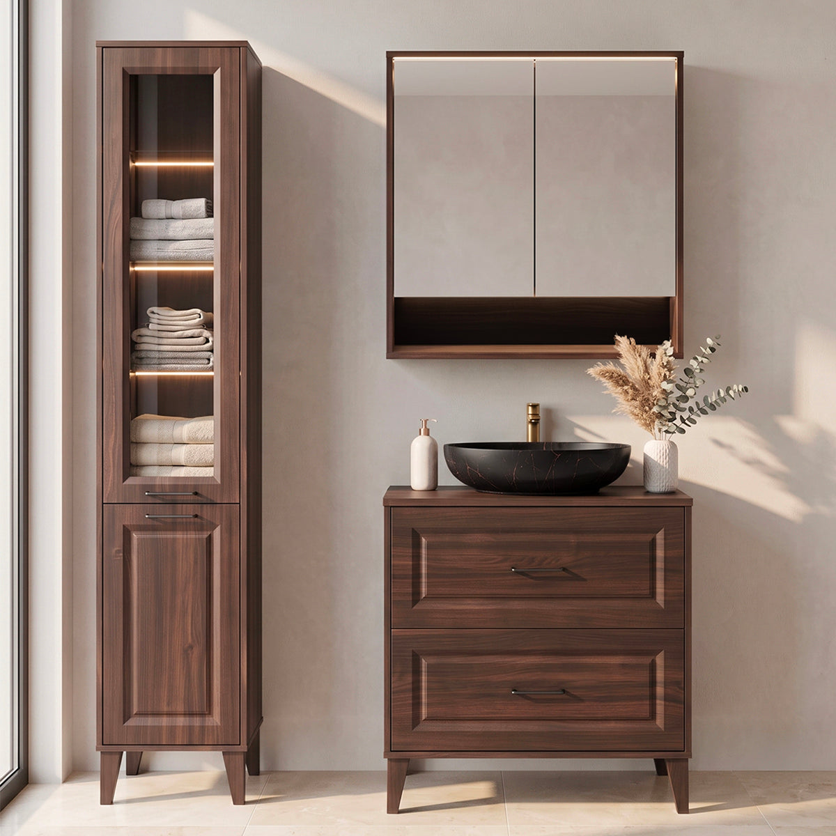 Ensemble meuble simple vasque 80cm colonne et armoire miroir Moka Bois foncé