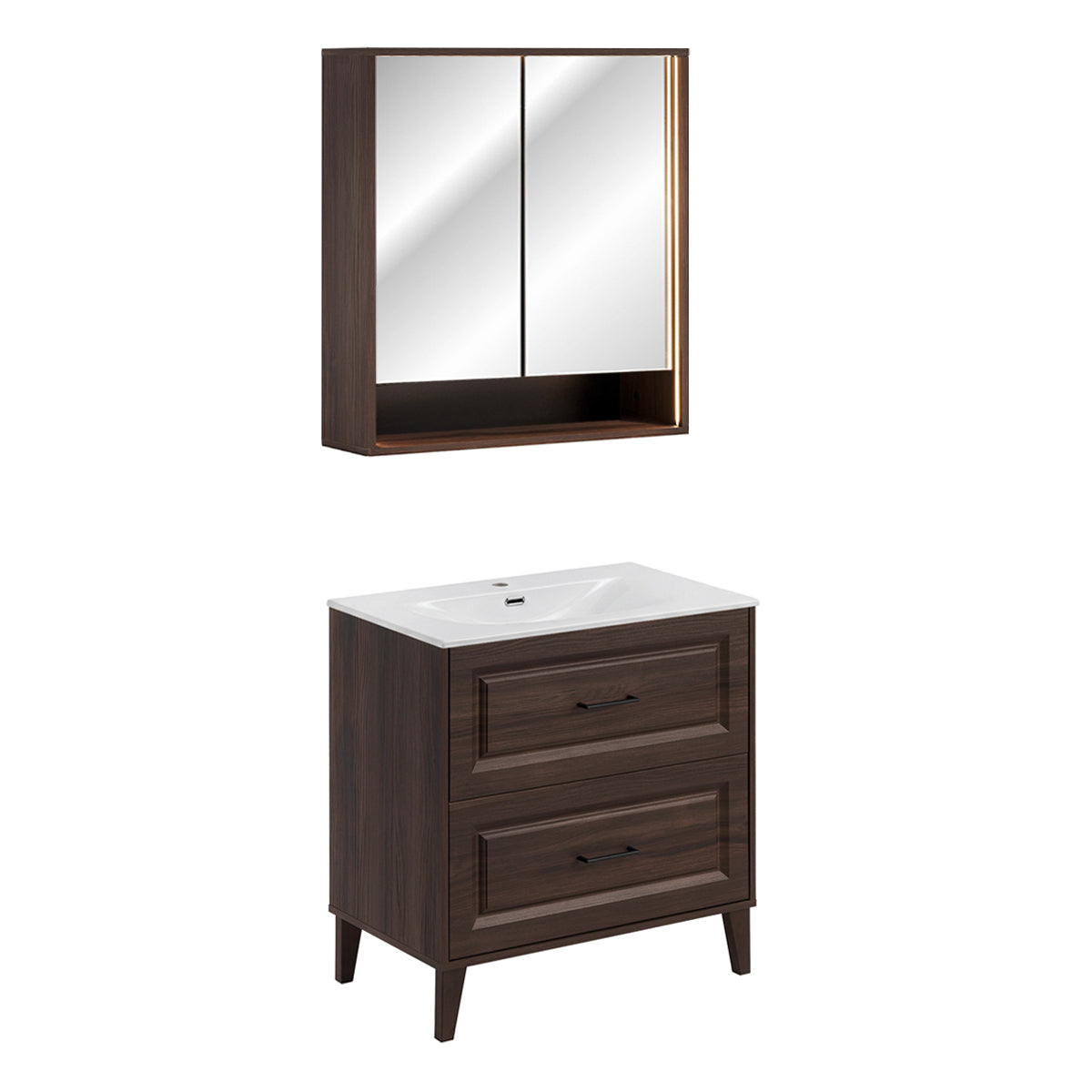 Ensemble meuble simple vasque encastrée 80cm et armoire miroir Moka Bois foncé - vue 2