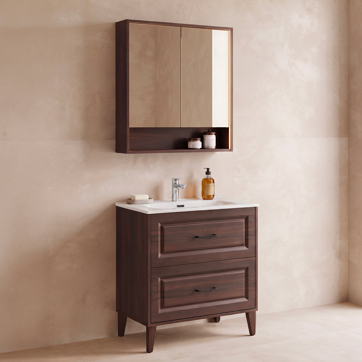 Ensemble meuble simple vasque encastrée 80cm et armoire miroir Moka Bois foncé