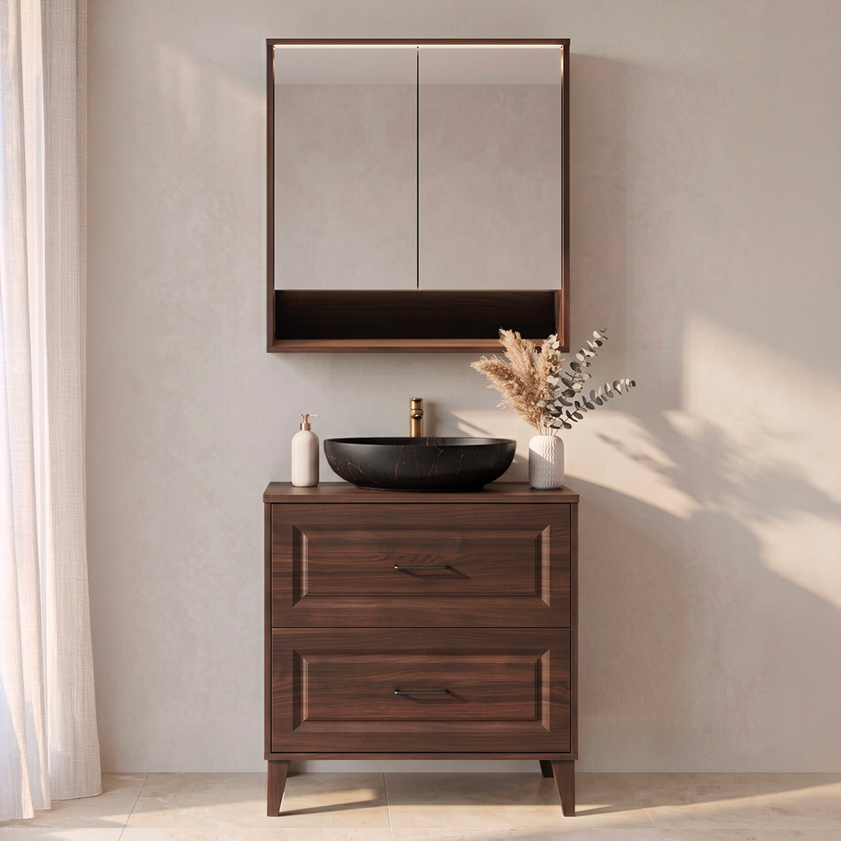 Ensemble meuble simple vasque 80cm et armoire miroir Moka Bois foncé