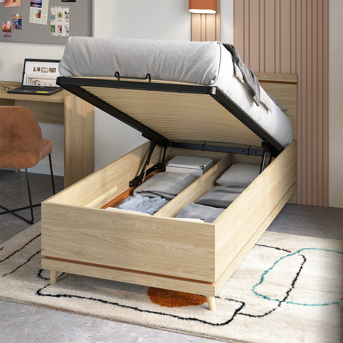 Lit coffre 100x200 sommier inclus Sandy Bois - vue 3