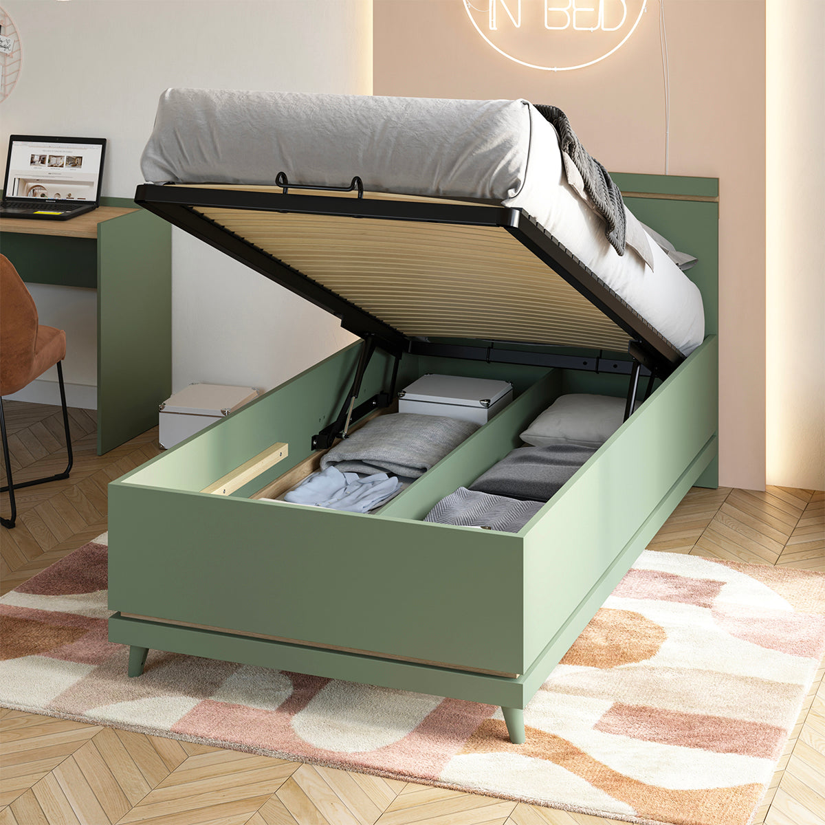 Lit coffre 100x200 sommier inclus Sandy Vert - vue 3