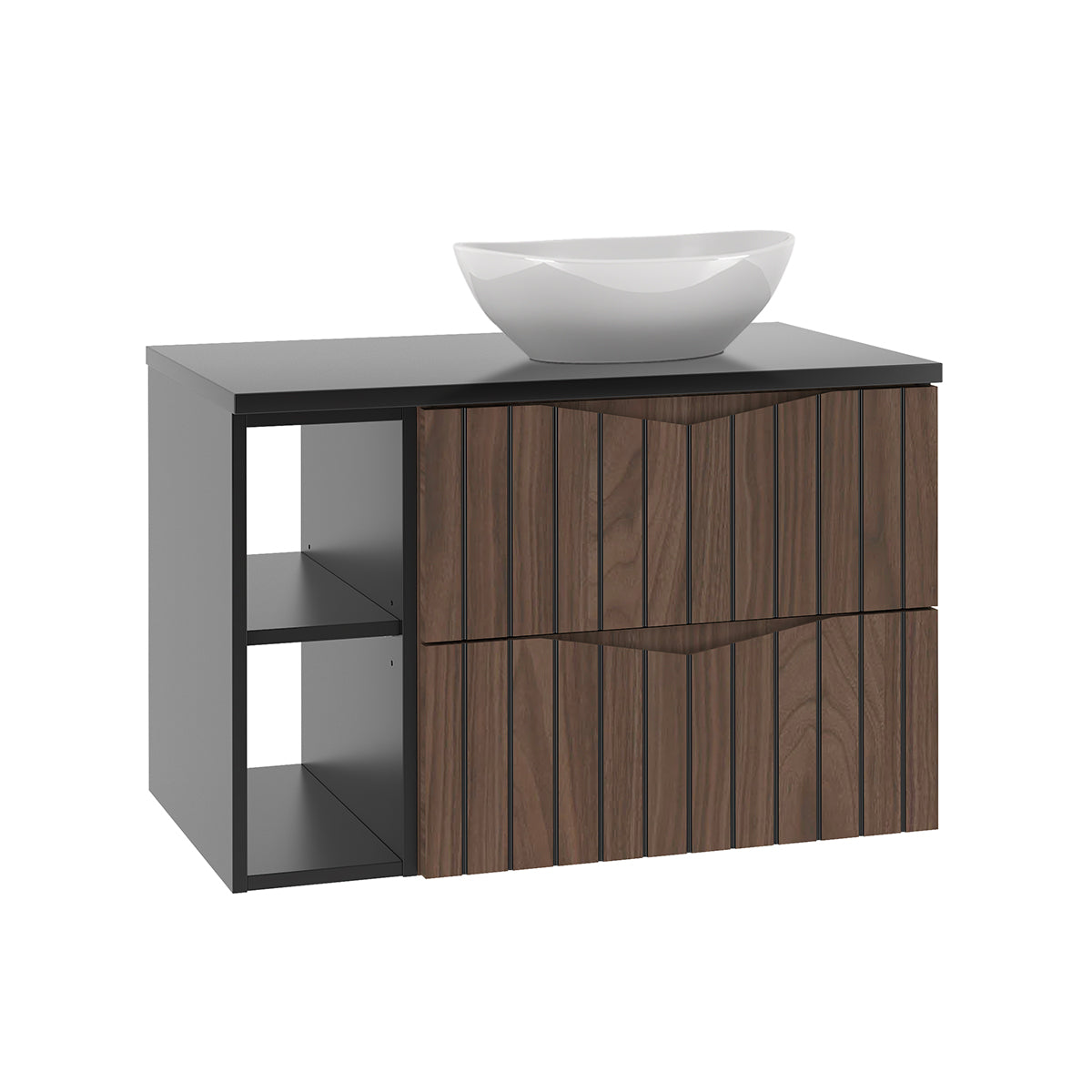 Ensemble meuble simple vasque 80cm 2 niches et colonne Siena bois et noir - vue 3