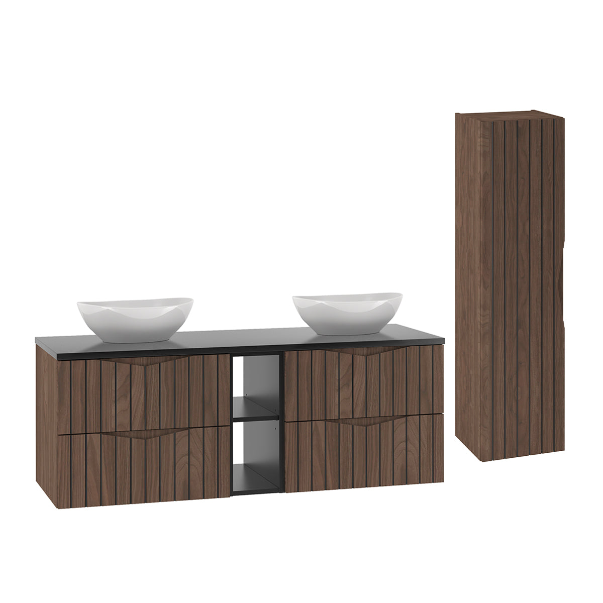 Ensemble Meuble double vasque 140cm 2 niches et colonne Siena bois et noir - vue 2