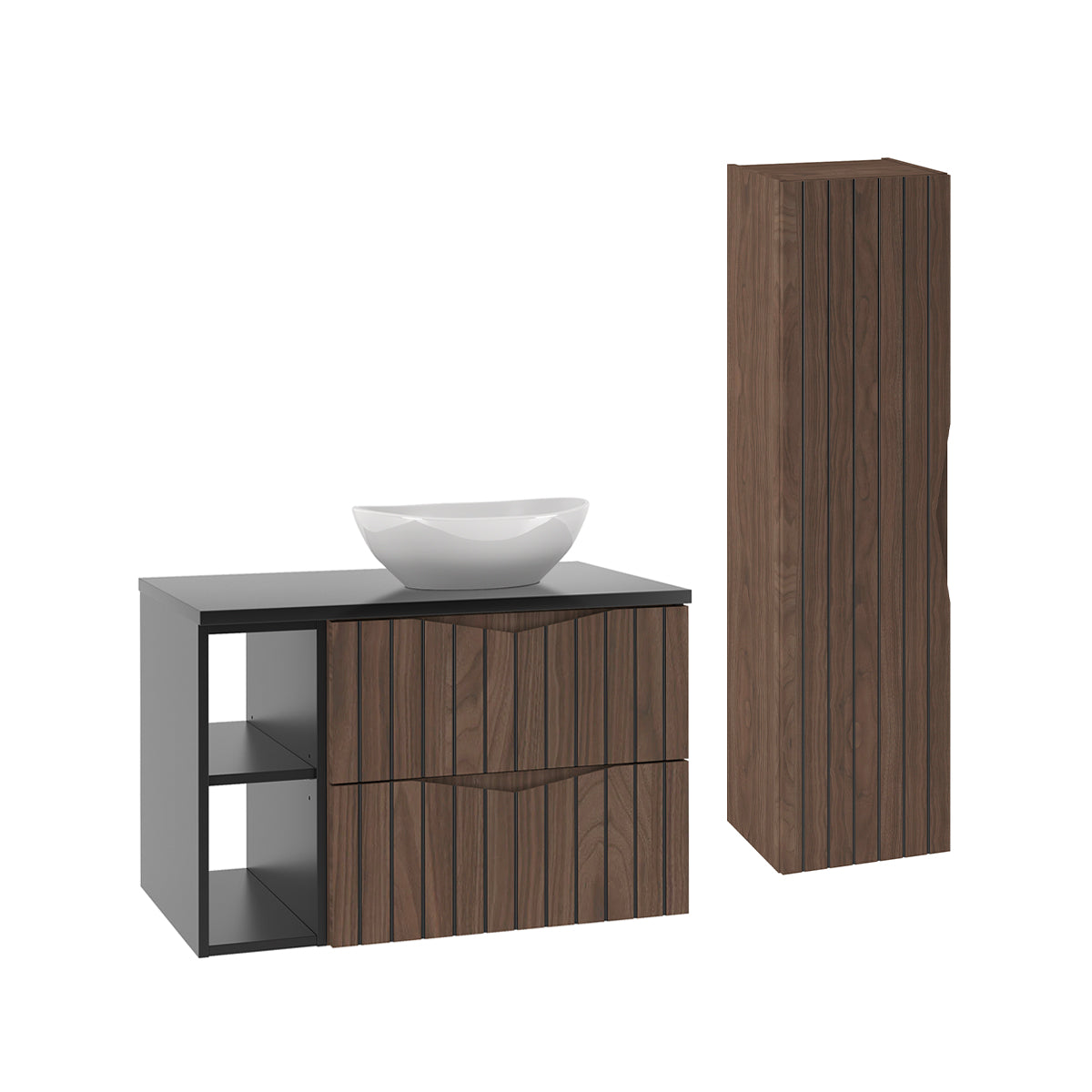 Ensemble meuble simple vasque 80cm 2 niches et colonne Siena bois et noir - vue 2