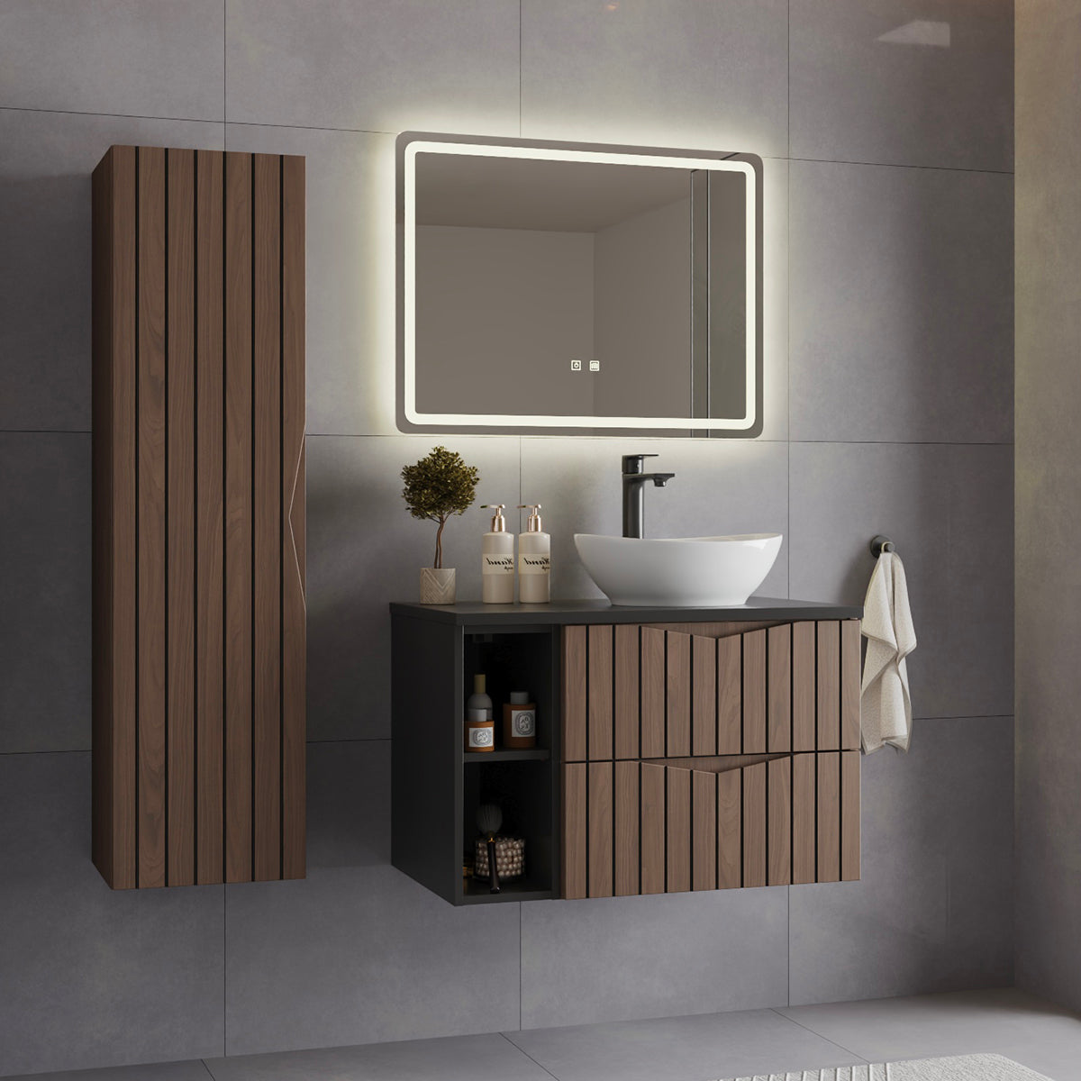 Ensemble meuble simple vasque 80cm 2 niches et colonne Siena bois et noir