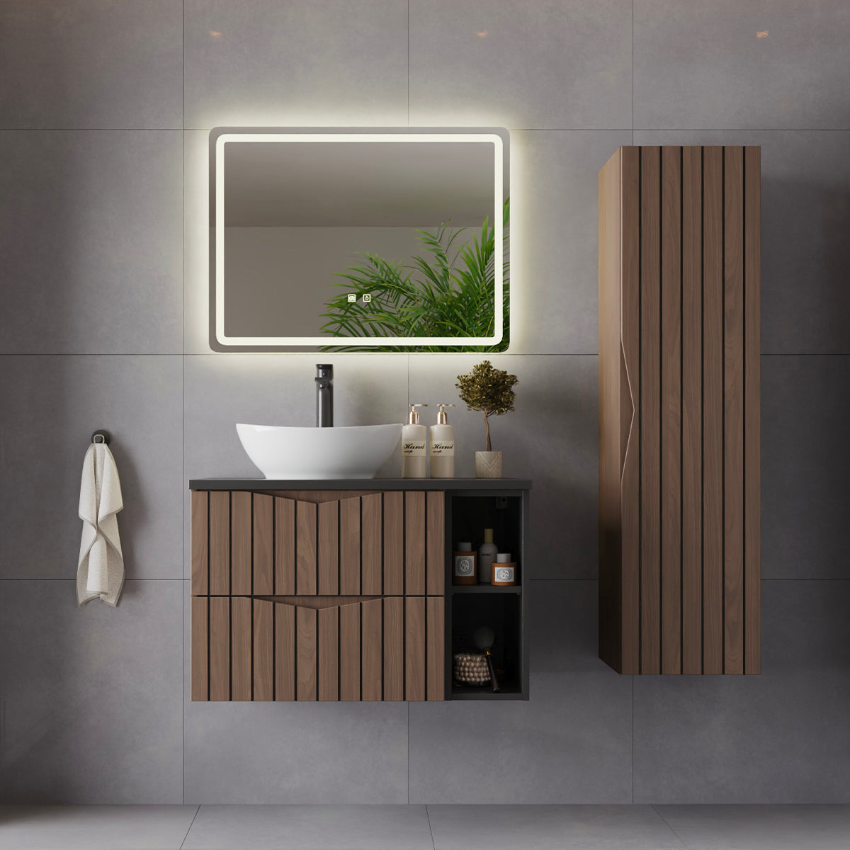 Ensemble meuble simple vasque 80cm 2 niches et colonne Siena bois et noir - vue 8
