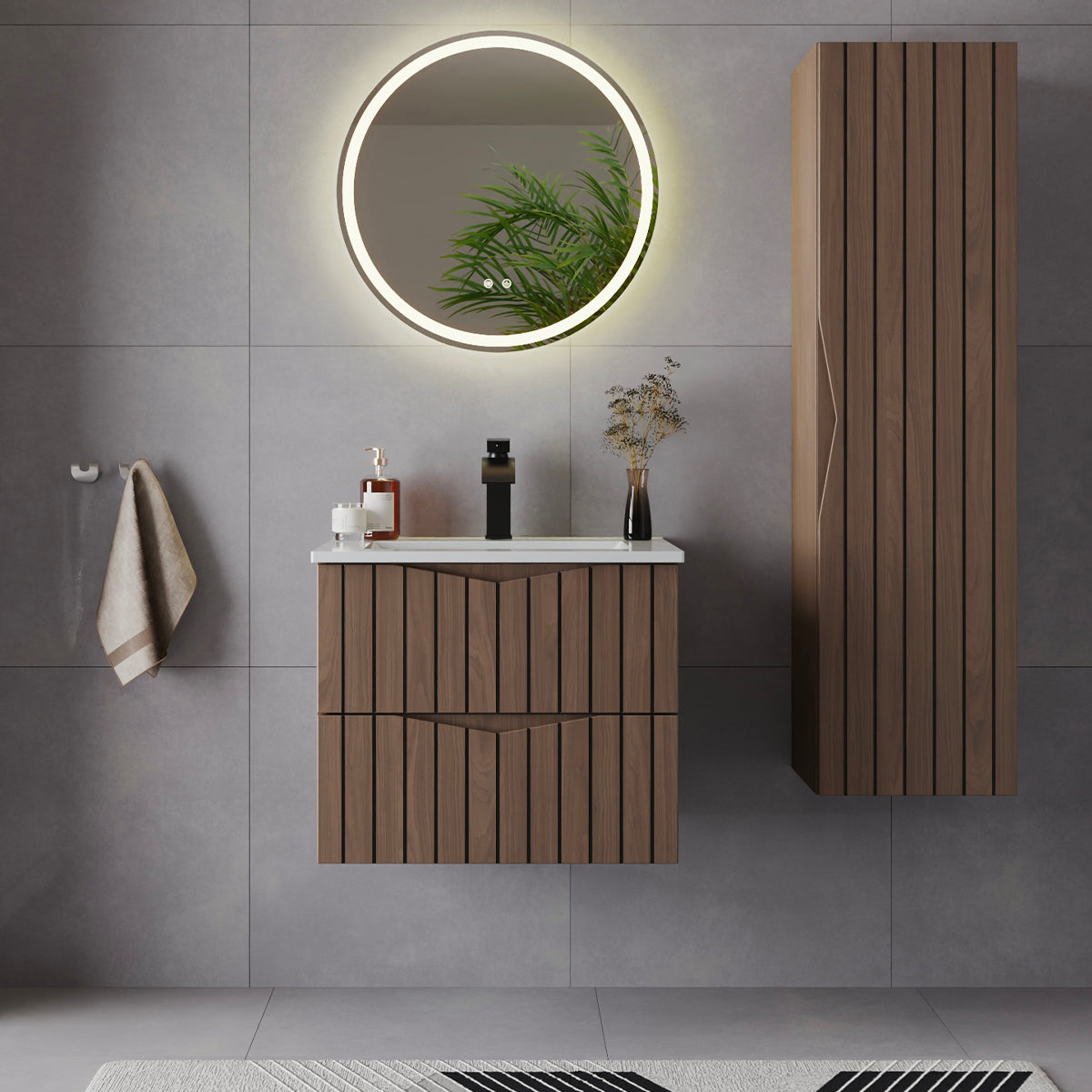 Ensemble meuble simple vasque encastrée 60cm et colonne Siena bois et noir - vue 7